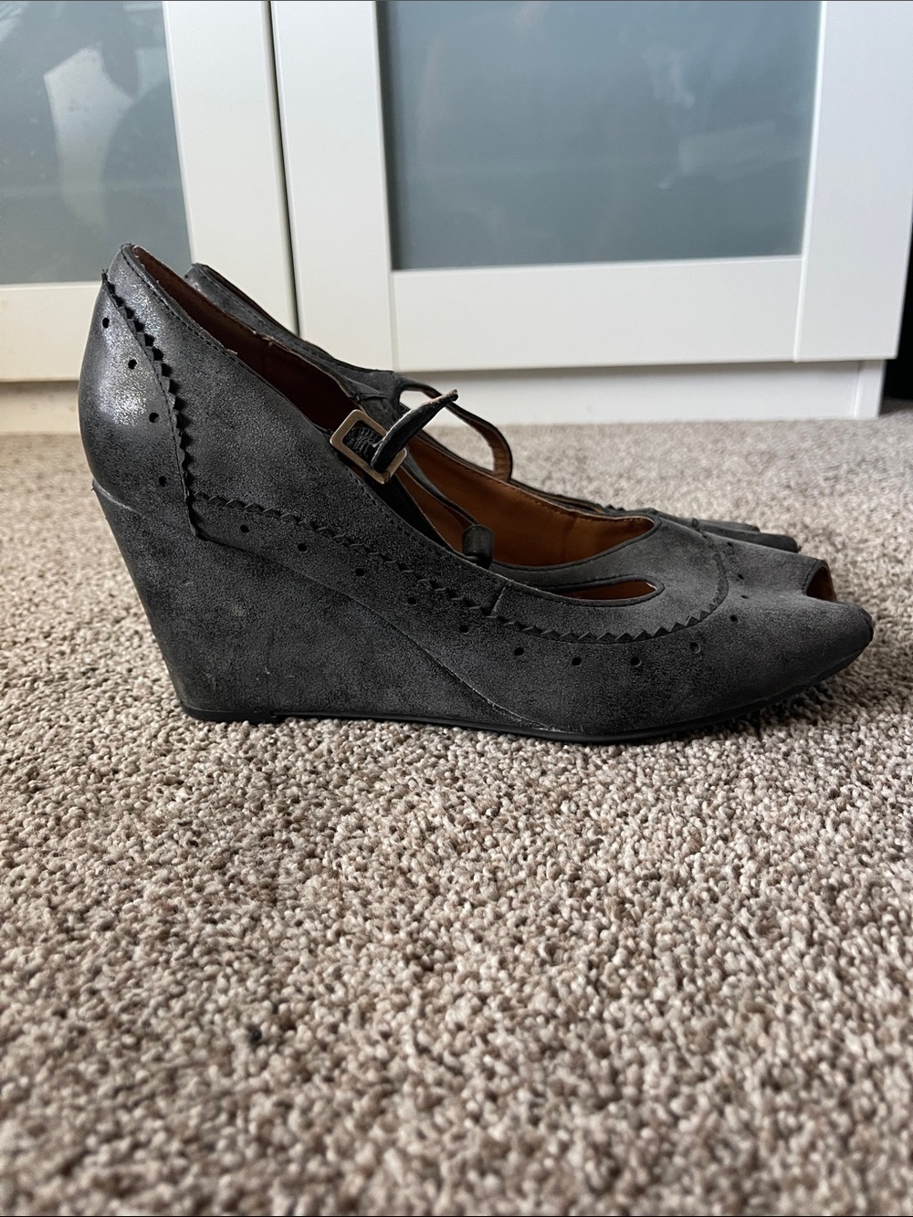 Nicole Gray Suede Peep-Toe Mary Jane Wedges